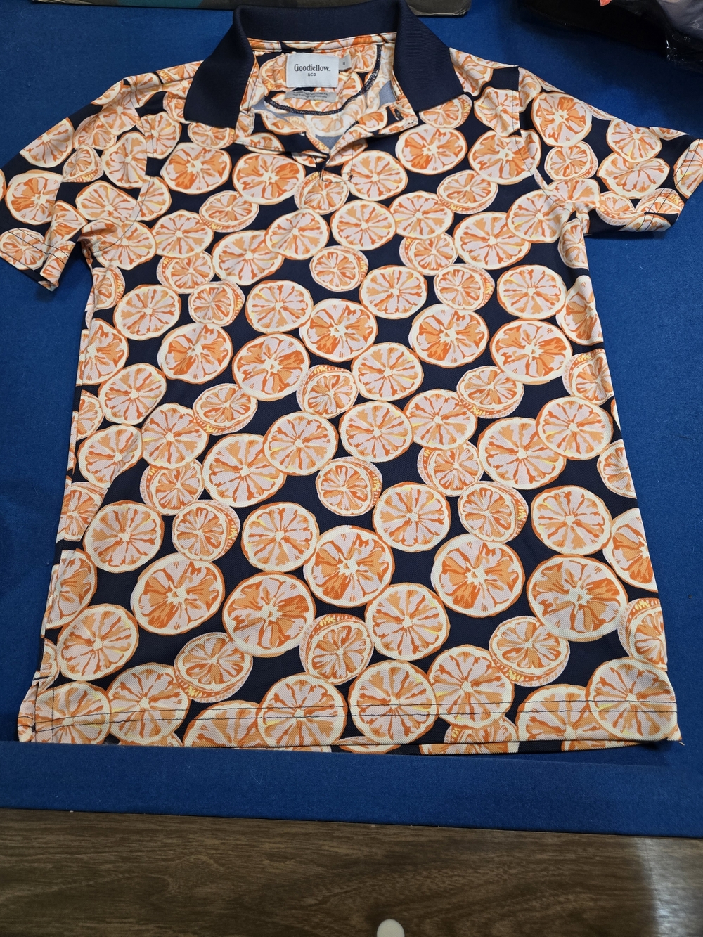 Goodfellow & Co Navy Polo with Orange Citrus Motif